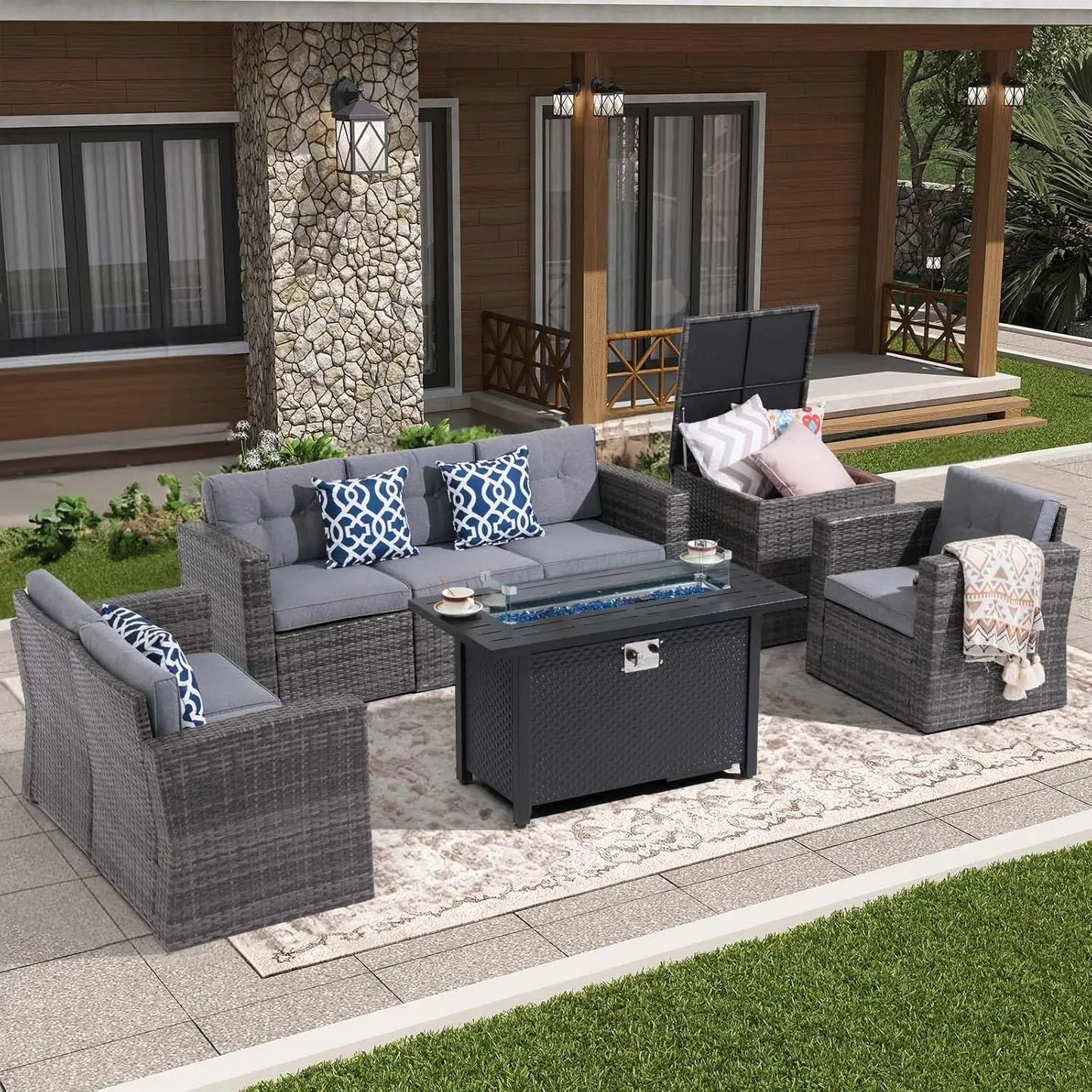 8-Piece Outdoor Patio Furniture Set, Rattan Conversation Set with 50,000 BTU Gas Fire Pit, Wicker Sectional Sofa