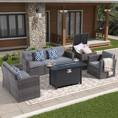 8-Piece Outdoor Patio Furniture Set, Rattan Conversation Set with 50,000 BTU Gas Fire Pit, Wicker Sectional Sofa