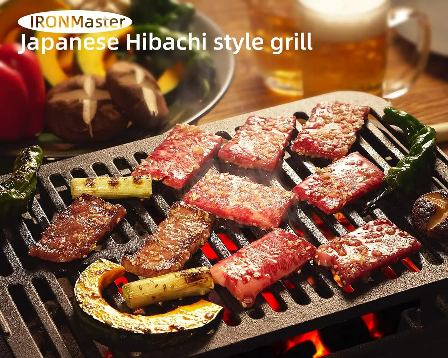 Portable Charcoal Grill, Pre-Seasoned Cast Iron, Japanese Yakitori Camping Grill - 2 Heights, Air Control