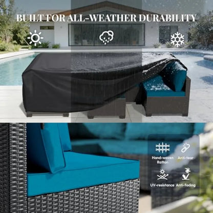 Patio Furniture Set 7 Piece - All-Weather Wicker Rattan Outdoor Conversation Set in Black/Peacock Blue for Backyard Garden Pool