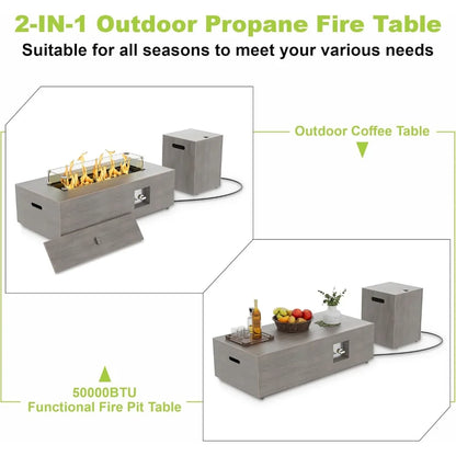 2-Piece Outdoor Propane Fire Pit Table Set w/ Tank, Table 42'' Rectangular Firepit, Gas Fire Pits for Outside Patio Table Fire Pit