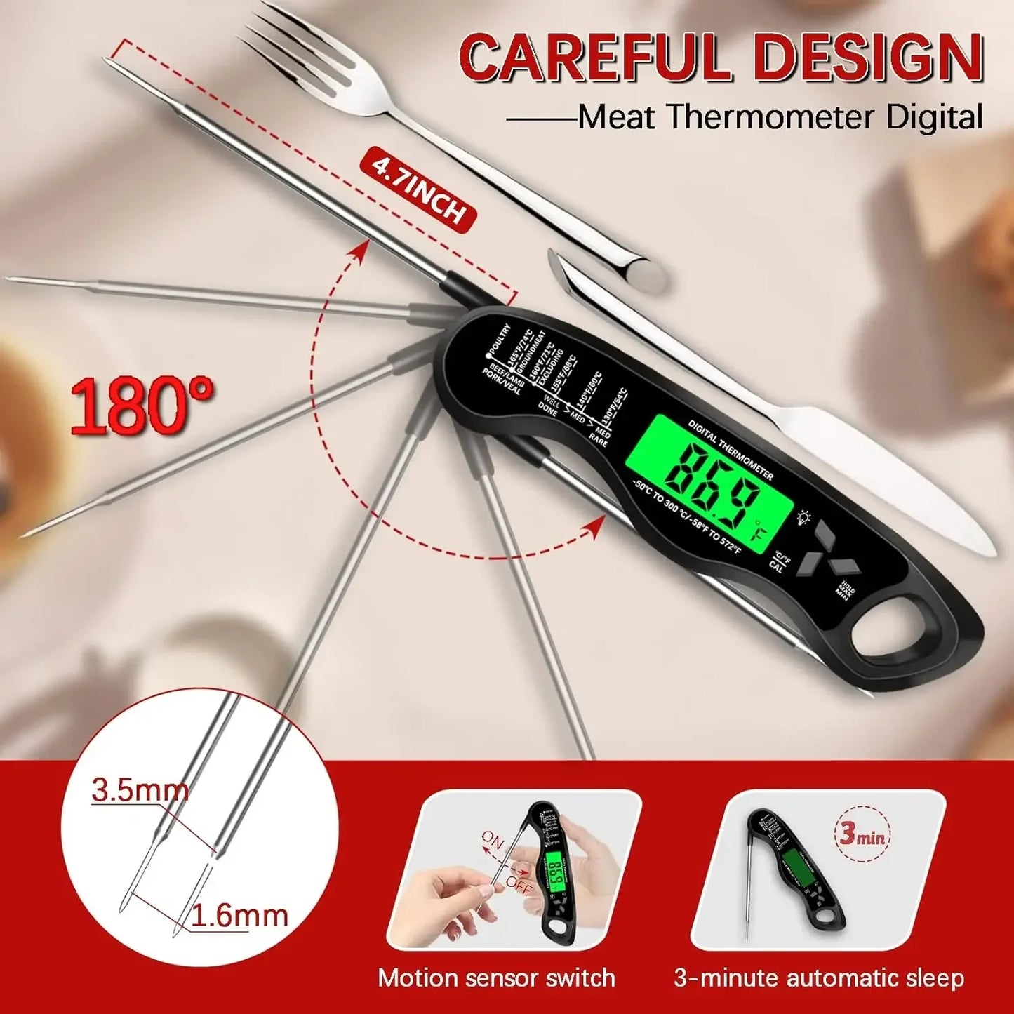 Meat Thermometer Digital，IP67 Waterproof Cooking Thermometer with Backlight, Calibration & Hold Function，Food Thermometer for Co