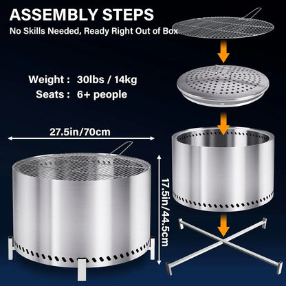 27.5" Smokeless Firepit with Stand & Grill Rack, Large Stainless Steel Wood Burning Fire Pit for Friends & Family Gatherings