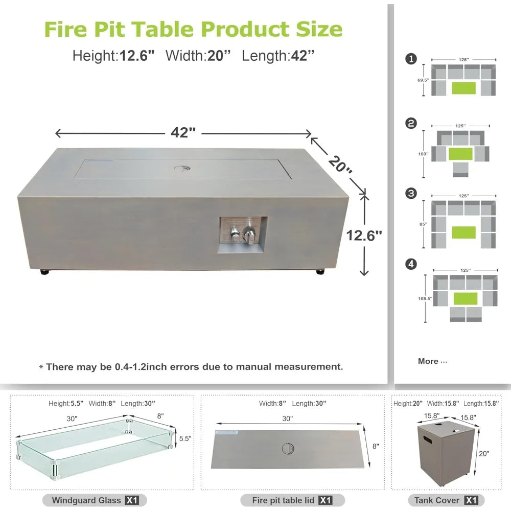 2-Piece Outdoor Propane Fire Pit Table Set w/ Tank, Table 42'' Rectangular Firepit, Gas Fire Pits for Outside Patio Table Fire Pit