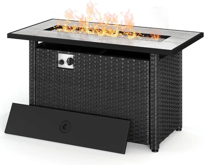 45" Gas Fire Pit Table, Propane Fire Pit with Glass Rocks, Waterproof Cover and Pe Rattan, Outdoor Patio Fire Pits for Backyard