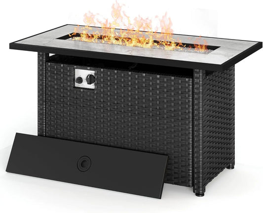 45" Gas Fire Pit Table, Propane Fire Pit with Glass Rocks, Waterproof Cover and Pe Rattan, Outdoor Patio Fire Pits for Backyard