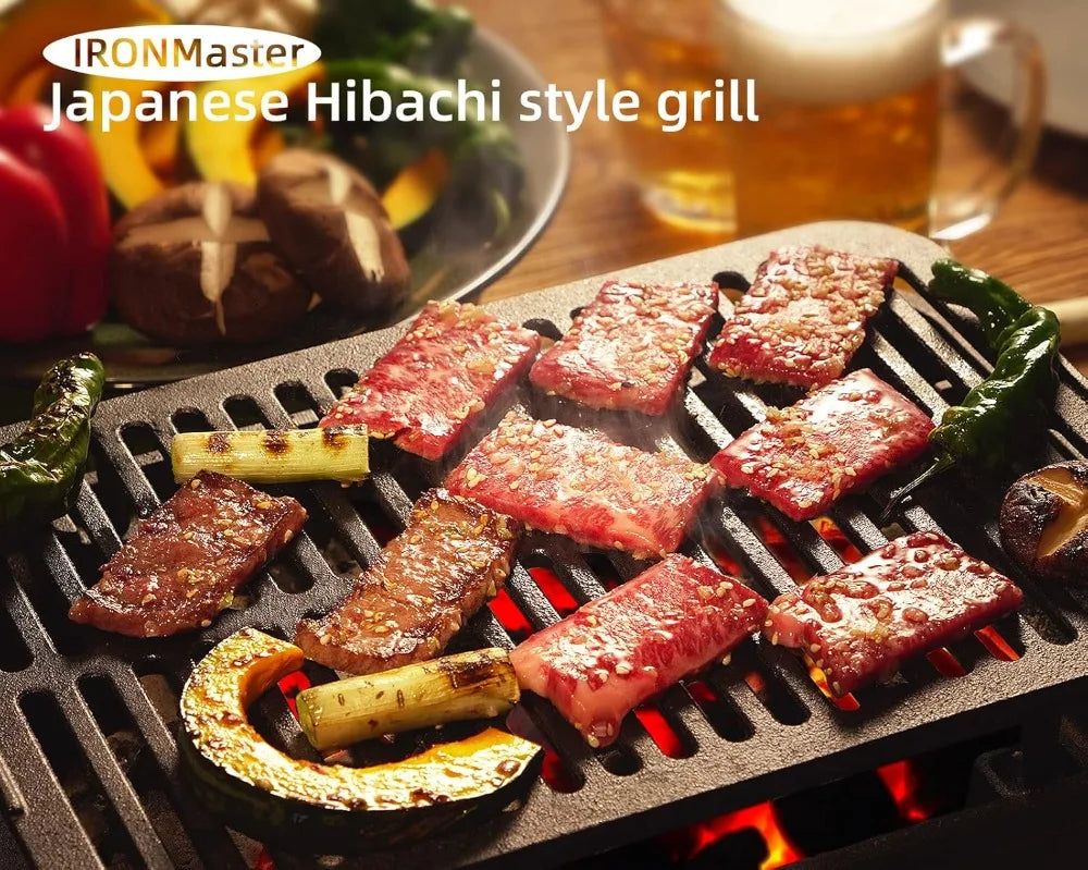 Portable Charcoal Grill, Pre-Seasoned Cast Iron, Japanese Yakitori Camping Grill - 2 Heights, Air Control