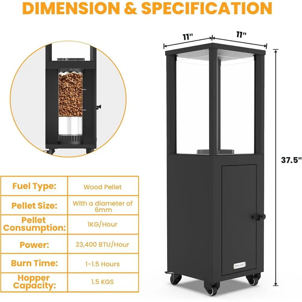 Wood Pellets Patio Heater with Wheels and Ash Box, Safe and Adjustable Outdoor Heaters for Patio. Outdoor Fire Pit