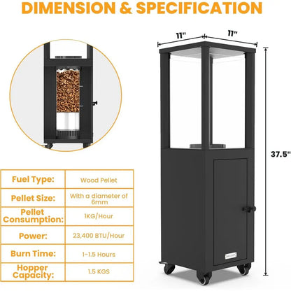 Wood Pellets Patio Heater with Wheels and Ash Box, Safe and Adjustable Outdoor Heaters for Patio. Outdoor Fire Pit