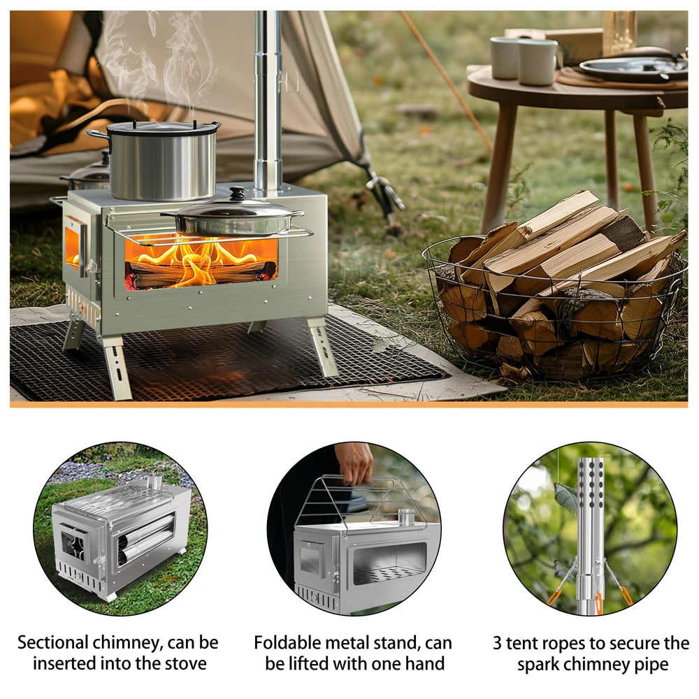 Portable Wood Burning Stove – Stainless Steel Outdoor Cooking Heater with 7 Chimney Pipes