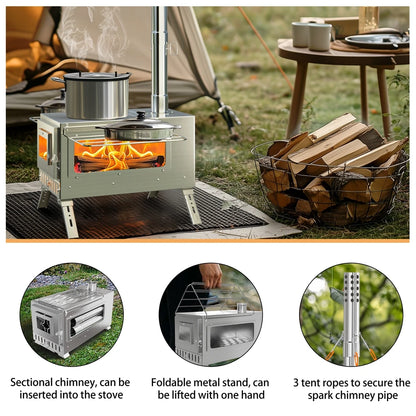 Portable Wood Burning Stove – Stainless Steel Outdoor Cooking Heater with 7 Chimney Pipes