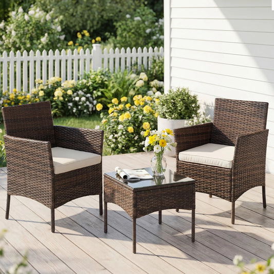 JHK 3 Pieces Outdoor Patio Furniture Set Manual Weaving Wicker Rattan Patio Chairs with Soft Cushion and Glass Table For Garden