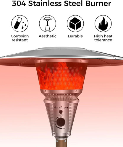 50,000 BTU Outdoor Propane Patio Heater with Adjustable Heat Focus, Wheels & Tabletop - Stainless Steel Burner for Deck, Garden