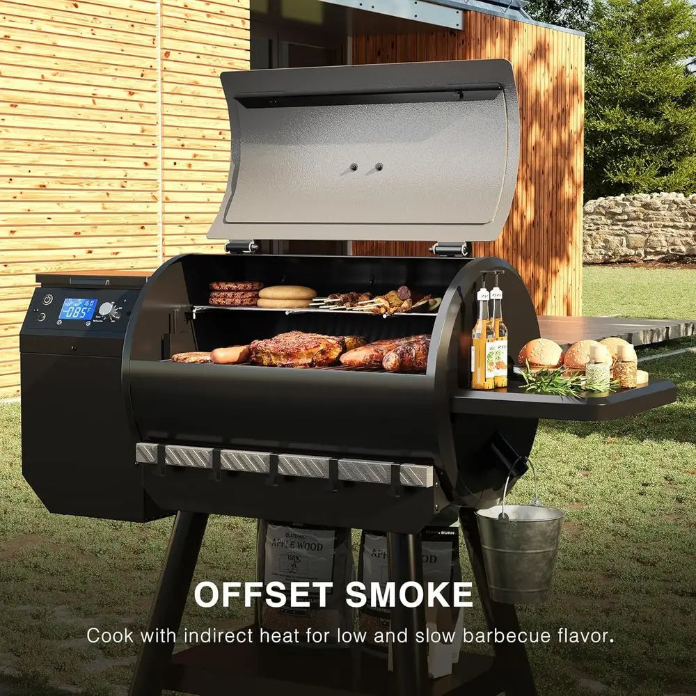 Wood Pellet Smoker Grill with 456 Sq. In. Cooking Area, Auto Feed, 8-in-1 BBQ, Meat Probe & Side Table