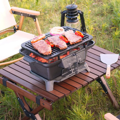 Portable Charcoal Grill, Pre-Seasoned Cast Iron, Japanese Yakitori Camping Grill - 2 Heights, Air Control