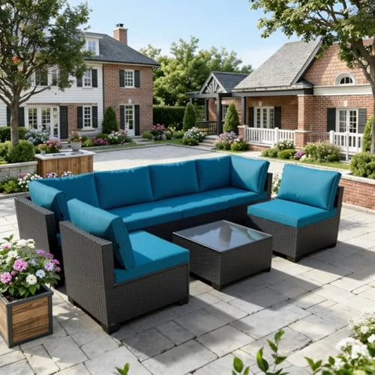 Patio Furniture Set 7 Piece - All-Weather Wicker Rattan Outdoor Conversation Set in Black/Peacock Blue for Backyard Garden Pool