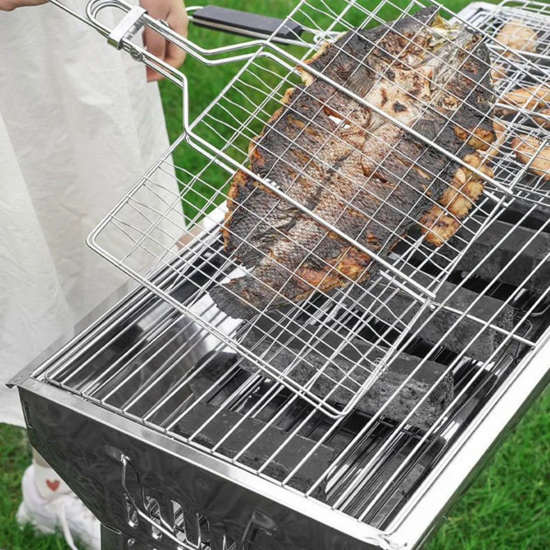 Folding BBQ Grill Basket – Large Grill Net with Detachable Handle for Easy Grilling