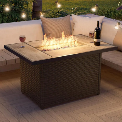 43" Outdoor Propane Fire Pit Table – 50,000 BTU Rectangular Wicker Design with Lid & Cover