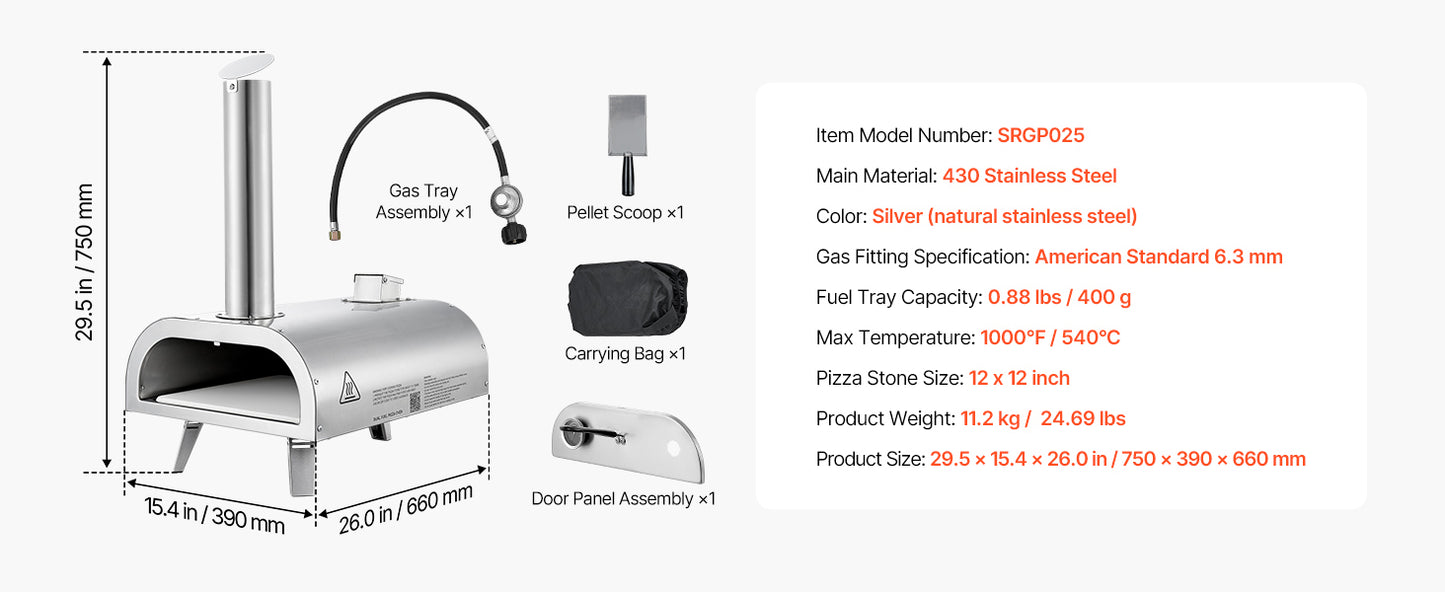 SucceBuy 12In Dual Fuel Pizza Oven Outdoor Wood Fire &Propane Gas Oven Propane Pizza-Maker with Thermometer for Outside Camping