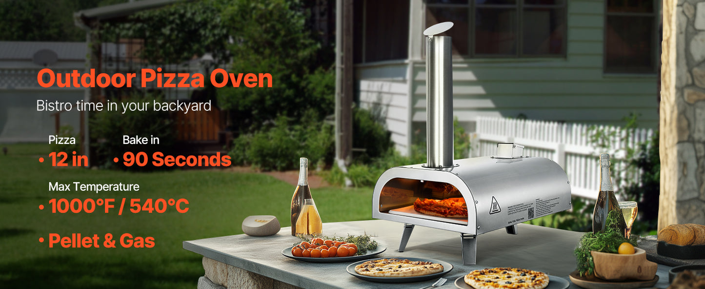 SucceBuy 12In Dual Fuel Pizza Oven Outdoor Wood Fire &Propane Gas Oven Propane Pizza-Maker with Thermometer for Outside Camping