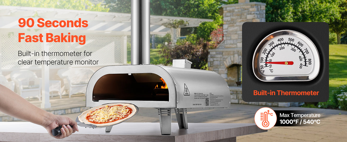 SucceBuy 12In Dual Fuel Pizza Oven Outdoor Wood Fire &Propane Gas Oven Propane Pizza-Maker with Thermometer for Outside Camping